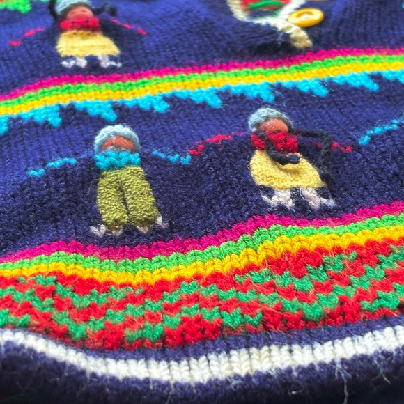 Childrens Peruvian Colorful Knit Sz 2 Sweater 3D Crochet People Rainbow Stripes - Picture 5 of 6